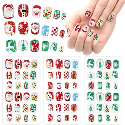 72 Stücke Weihnachten Nägel zum Aufkleben Kinder, Aufdrücken Künstliche Fingernägel, Kinder Volle Abdeckung Kurze Falsche Fingernägel Nagelspitzen Für Mädchen DIY Nail Art Dekoration von Kiiwah
