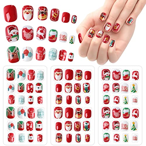 72 Stücke Weihnachten Nägel zum Aufkleben Kinder, Aufdrücken Künstliche Fingernägel, Kinder Volle Abdeckung Kurze Falsche Fingernägel Nagelspitzen Für Mädchen DIY Nail Art Dekoration von Kiiwah