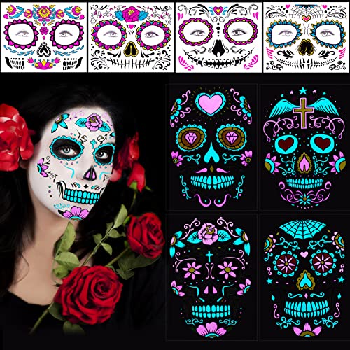 8 Blätter Halloween Gesicht Aufkleber, Sicherheit Halloween Temporäre Tattoos, 3D Skull Tattoo Gesicht Glühen Im Dunkeln, Tag Der Toten Tattoo Aufkleber für Halloween Maskerade Cosplay Party von Kiiwah