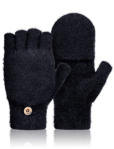 Fingerlose Handschuhe Damen, Winter Convertible Fäustlinge Handschuhe Plüsch Half Finger with Flip Top Handschuhe Warm Sport Fingerhandschuhe für Damen Herren und Teenager von Kiiwah