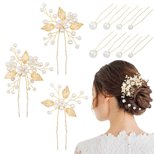 Kiiwah 11 Stück Hochzeit Haarschmuck Set, Blumen Perlen Braut Haarnadeln, U-förmig für Damen Mädchen (Gold) von Kiiwah