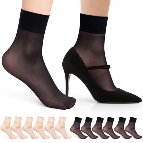 Kiiwah 12 Paar Nylon Söckchen Damen, 20DEN Nylonstrümpfe Nahtlos Feinstrumpf Socken Dünn Transparent (Schwarz, Hautfarben) von Kiiwah