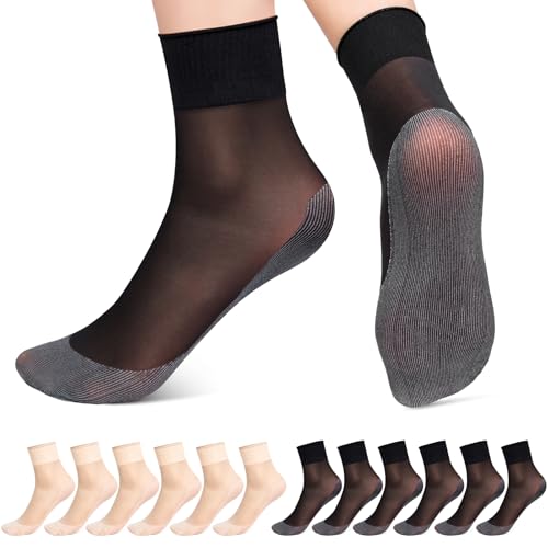 Kiiwah 12 Paar Nylon Söckchen Damen 20DEN, Nylonstrümpfe Nahtlos Rutschfest Feinstrumpf Socken Transparent Dünn (Schwarz, Hautfarben) von Kiiwah