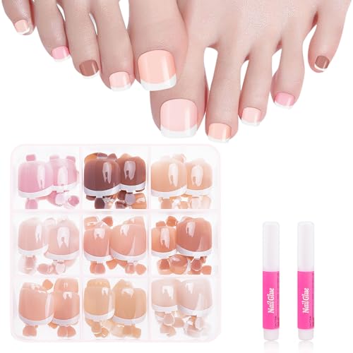 Kiiwah 135 Stück 9 Farben French Falsche Fußnägel Kit, 12 Größen Französisch Natürliche Künstlich Fußnägel zum Aufkleben, Full Cover Toe Nails Tips für Damen von Kiiwah