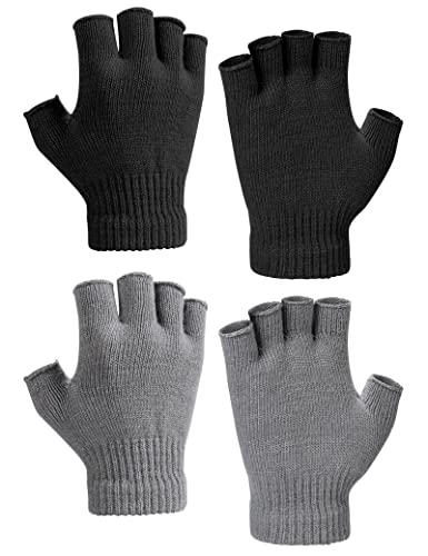 Kiiwah 2 Paar Halbfinger Handschuhe, Winter Fingerlose Handschuhe Strickhandschuhe für Herren Damen (Schwarz, Grau) von Kiiwah