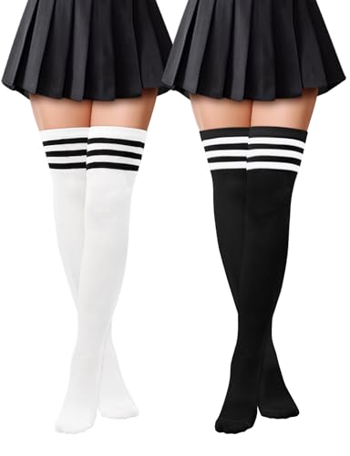Kiiwah 2 Paar Damen Klassisch und Stilvoll Overknees Strümpfe Weich Thigh High Socks Overknee Socken Lange Gestreifte Socken Damen für den Alltag Sport Cosplay, Schwarz,Weiß, Einheitsgröße von Kiiwah