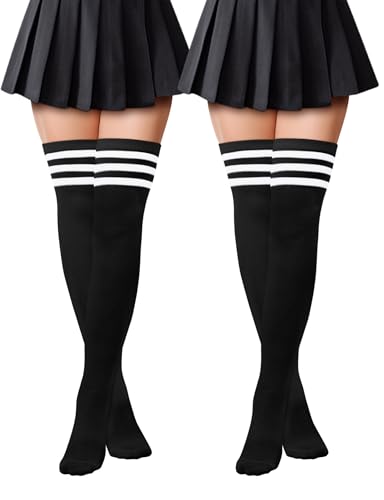 Kiiwah 2 Paar Kniestrümpfe Damen Klassisch und Stilvoll Overknees Strümpfe Weich Thigh High Socks Overknee Socken Lange Gestreifte Socken Damen für den Alltag Sport Cosplay von Kiiwah