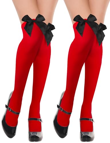 Kiiwah 2 Paar Overknees Strümpfe Damen mit Schleife, Knee High Socks Overknee Socks Thigh High Socks, Lange Overknee Strümpfe (Rot) von Kiiwah