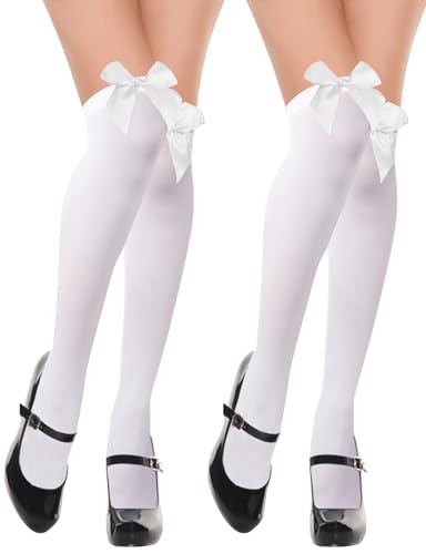 Kiiwah 2 Paar Overknees Strümpfe Damen mit Schleife, Knee High Socks Overknee Socks Thigh High Socks, Lange Overknee Strümpfe (Weiß) von Kiiwah