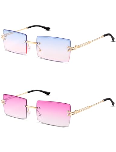 Kiiwah 2 Paar Rechteck Randlose Sonnenbrille - Retro Ultra-Small Frame, Quadratische Durchsichtige Linse, Rimless Sunglasses für Frauen und Männer von Kiiwah
