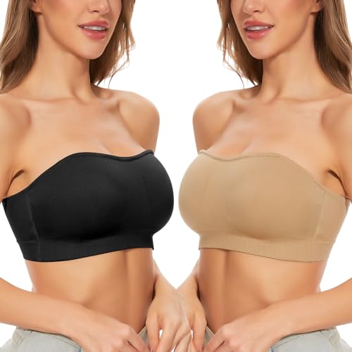 Kiiwah 2 Paar Trägerloser BH Damen Bandeau Rückenfrei BH Ohne Träger Push Up Tube Top ohne Bügel Nahtlos Gepolsterter Bralette BH mit Rutschfester Silikon Transparente Träger von Kiiwah