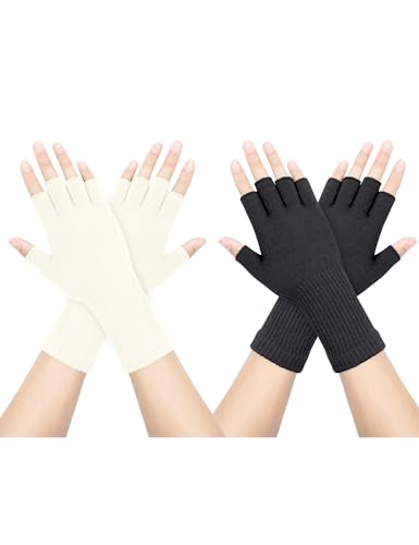 Kiiwah 2 Paar Unisex Handschuhe Fingerlose, Dehnbar Fingerhandschuhe Ohne Fingerkuppen, Half Finger Strickhandschuhe Verlängern Handgelenk Handschuhe Winter für Damen Herren von Kiiwah