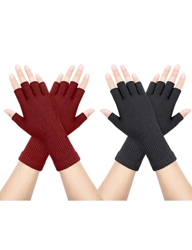 Kiiwah 2 Paar Unisex Handschuhe Fingerlose, Dehnbar Fingerhandschuhe Ohne Fingerkuppen, Half Finger Strickhandschuhe Verlängern Handgelenk Handschuhe Winter für Damen Herren von Kiiwah