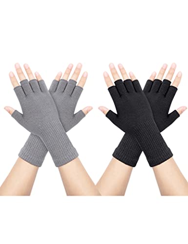 Kiiwah 2 Paar Unisex Handschuhe Fingerlose, Dehnbar Fingerhandschuhe Ohne Fingerkuppen, Half Finger Strickhandschuhe Verlängern Handgelenk Handschuhe Winter für Damen Herren von Kiiwah