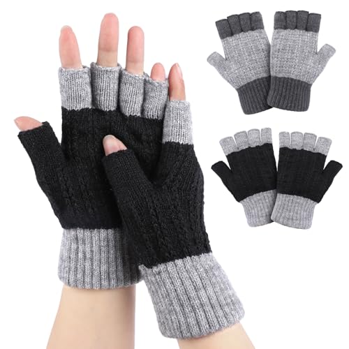 Kiiwah 2 Paar Winter Handschuhe Herren und Damen mit Fleecefutter, Farbabstimmung Halbfingerhandschuhe Strick Fingerlose Handschuhe für Arbeit, Sport, Winterliche Outdoor Aktivitäten von Kiiwah