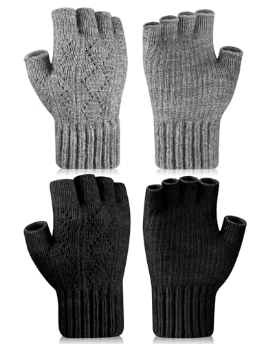 Kiiwah 2 Paare Fingerlose Handschuhe Unisex Warme Winter, Half Finger Mittens Ohne Finger Schwarz Grau Beige für Herren und Damen von Kiiwah