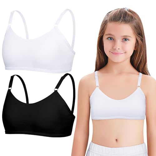 Kiiwah 2 Stück BH Mädchen, BH Teenager Mädchen mit Verstellbarem Schultergurt Weicher Bügelloser Bustier Mädchen Hautfreundliche Baumwolle Sport BH Kinder für 10-16 Jahre Alte Mädchen von Kiiwah