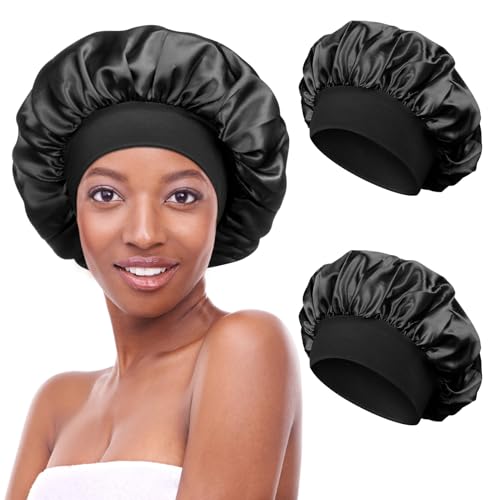 Kiiwah 2 Stück Satin Bonnet Schlafhaube Seide Locken Atmungsaktive Seide Schlafmütze Verstellbare Silk Bonnet Seidenhaube zum Schlafen Weiche Satin Haube für Damen Mädchen(Schwarz) von Kiiwah
