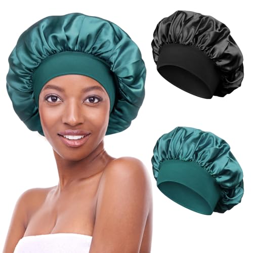 Kiiwah 2 Stück Satin Bonnet Schlafhaube Seide Locken Atmungsaktive Seide Schlafmütze Verstellbare Silk Bonnet Seidenhaube zum Schlafen Weiche Satin Haube für Damen Mädchen(Schwarz, Blau) von Kiiwah