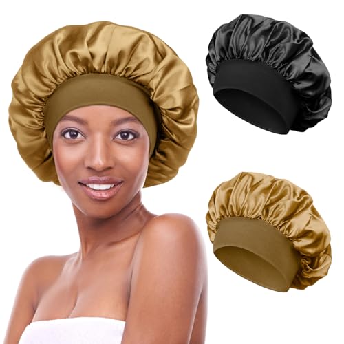 Kiiwah 2 Stück Satin Bonnet Schlafhaube Seide Locken Atmungsaktive Seide Schlafmütze Verstellbare Silk Bonnet Seidenhaube zum Schlafen Weiche Satin Haube für Damen Mädchen(Schwarz, Gold) von Kiiwah
