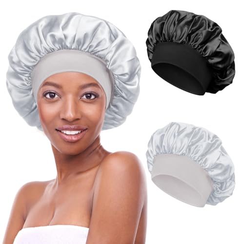 Kiiwah 2 Stück Schlafmütze Satin Bonnet Nacht Schlaf Mütze Verstellbare Schlafkappe Kopfbedeckung Weiche Kopfhaube Schlafhaube Seide mit Gummizug für Damen und Mädchen (Schwarz, Silber) von Kiiwah