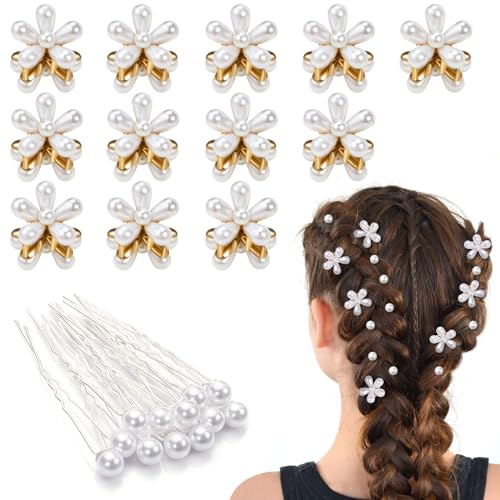 Kiiwah 24 Stück Mini Perlen-Haarklammern & Haarnadeln, Klein Blumen Haarspangen für Damen Mädchen, Retro Niedlich Haarschmuck für Täglich Geburtstag Party Hochzeit von Kiiwah