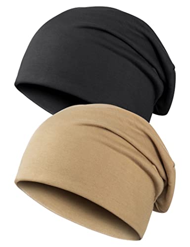 Kiiwah 2pcs Klassische Beanie Mütze für Herren und Damen, Unisex Slouch Strickmützen Longbeanie für Winter (Schwarz, Khaki) von Kiiwah