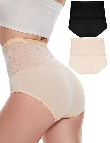 Kiiwah 2pcs Slip Damen Spitze, Unterhose Damen Baumwolle, Hohe Taille Miederslips für Damen，Sexy Spitze Unterwäsche Pantys Shapewear Slip für Frauen von Kiiwah