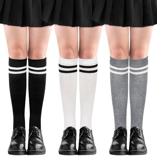 Kiiwah 3 Paar Kniestrümpfe Damen Weich und Elastisch Knee High Socks 2-Farben-Kombination Lange Socken Stilvoll Hohe Socken Damen für Den Alltag Cosplay Party Weihnachte von Kiiwah