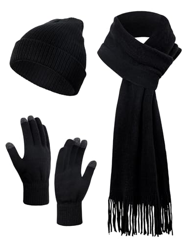 Kiiwah 3-Teiliges Wintermütze, Schal & Handschuh Touchscreen -Sets für Damen Und Herren, Klassisch, Weiche, Dehnbare Strickmütze, Winterhandschuhe und Weiche Kaschmir Schal Lang (Einheitsgröße) von Kiiwah