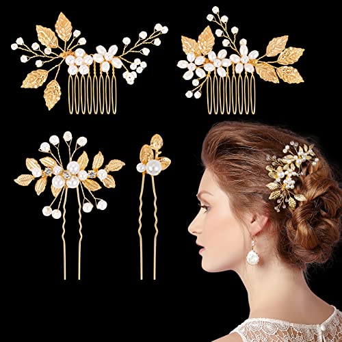 Kiiwah 4 Stück Haarschmuck Hochzeit Perle Blume Braut Haarkamm Strass Brautschmuck Braut Haarnadeln für Kommunion MäDchen Braut Brautjungfer(Gold) von Kiiwah