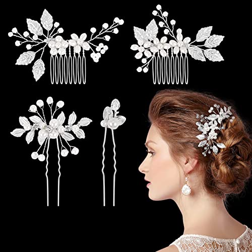 Kiiwah 4 Stück Haarschmuck Hochzeit Perle Blume Braut Haarkamm Strass Brautschmuck Braut Haarnadeln für Kommunion MäDchen Braut Brautjungfer(Silber) von Kiiwah