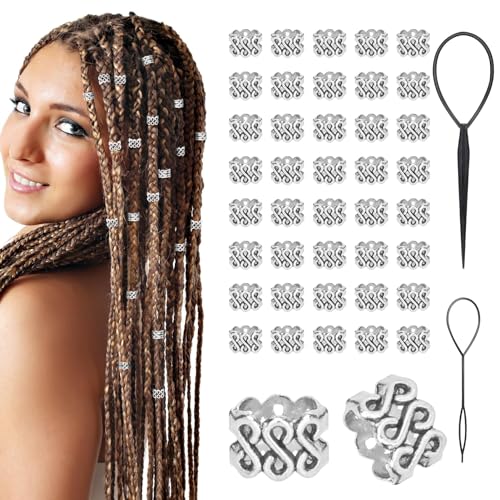 Kiiwah 40 Stück Dreadlock Schmuck mit 2 Stück Flechthilfen, Haarperlen Braids Haarschmuck für Zöpfe Dreadlocks, Haarringe Haarschmuck Pirat Bartperlen Wikinger für Männer Frauen Kind (Silber) von Kiiwah