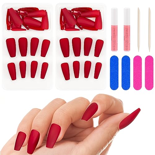 Kiiwah 48 Pcs Lange Nägel zum Aufkleben mit Kleber, Christmas Matte Press on Nails, Künstliche Nägel, Fingernägel zum Aufkleben für Damen (Rot) von Kiiwah