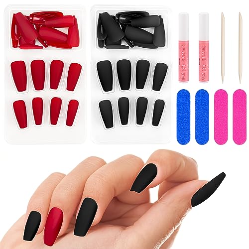 Kiiwah 48 Pcs Lange Nägel zum Aufkleben mit Kleber, Christmas Matte Press on Nails, Künstliche Nägel, Fingernägel zum Aufkleben für Damen (Rot & Schwarz) von Kiiwah