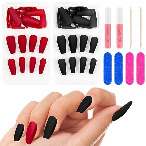 Kiiwah 48 Pcs Lange Nägel zum Aufkleben, Matte Press on Nails, Künstliche Nägel, Fingernägel zum Aufkleben für Damen Christmas Halloween (Rot & Schwarz) von Kiiwah