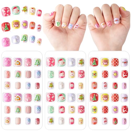 Kiiwah 72 Stück Nägel zum Aufkleben Kinder Weihnachten,Press on Nails Weihnachten, Fingernägel zum Aufkleben Kinder, Künstliche Fingernägel Kinder Mädchen von Kiiwah
