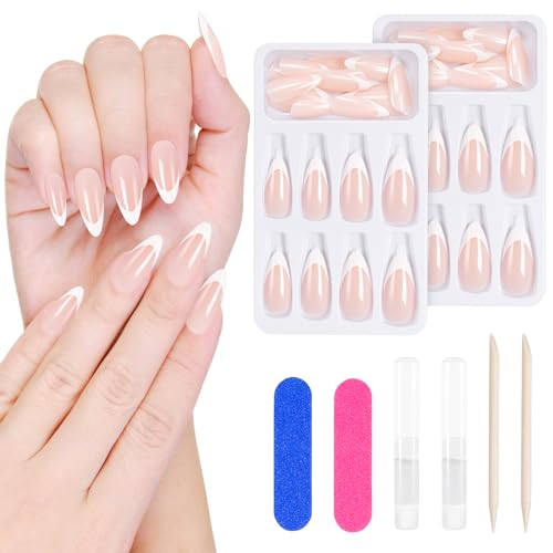 Kiiwah Aurora Pink French Press-on Nails Set, Mandel Lang Fake Nails FrenchTips, Nagelfeilen, Nagelhautstäbchen, Künstliche Fingernägel Set Zum Aufkleben, False Nails Frenchfür Frauen von Kiiwah