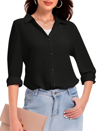 Kiiwah Bluse Damen Langarmshirt Elegant Lässig Oberteile Hemd V-Ausschnitt Blusenshirt Button Down Hemdbluse Tuniken Tops von Kiiwah