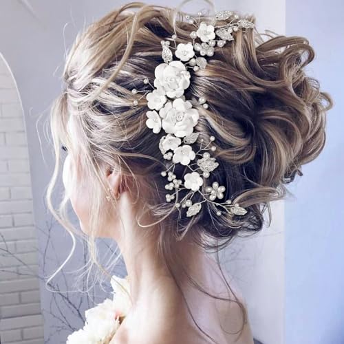 Kiiwah Braut Blume Hochzeit Haar Reben Silber Kristal Stirnband und U-Förmige Perle Haarnadeln Blume Blatt Kopfschmuck Braut Haarschmuck für Damen Frauen Mädchen von Kiiwah