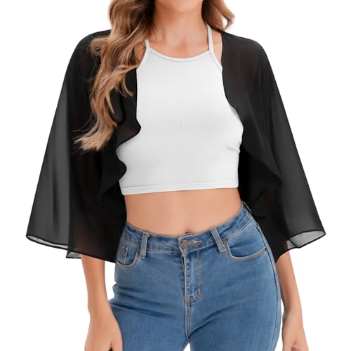 Kiiwah Damen Bolero Chiffon, 3/4 Ärmel Bolero Jäckchen Damen Dünne Sommer Festliche Bolerojacke Leicht Strickjacke Cardigan Elegant für Abendkleid Kleid Badeanzug (Schwarz) von Kiiwah
