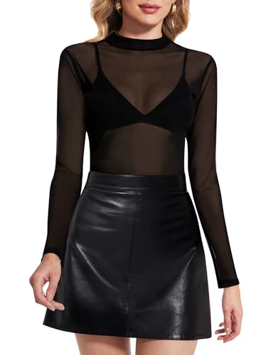 Kiiwah Damen Mesh Oberteile Transparentes Netzoberteil Sexy Schwarz Mesh T-Shirt Durchsichtig Langarmshirt Mesh Bluse Tops Club Netz Oberteile Bluse Tunika Clubwear Party von Kiiwah