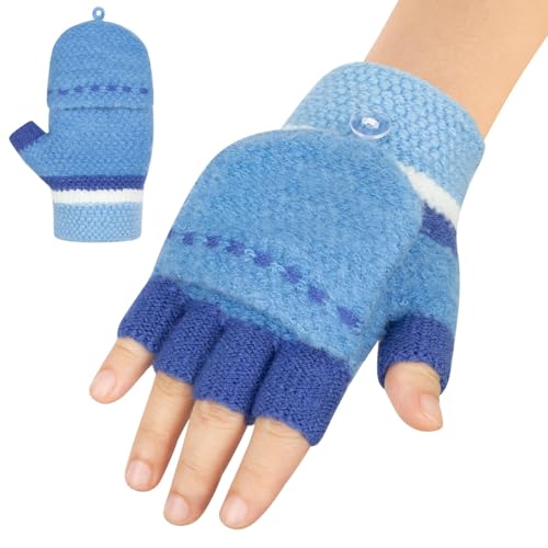 Kiiwah Fingerhandschuhe Kinder mit Kappe, Winter Handschuhe Fingerlose für Mädchen Jungen 5-12 Jahren, Warme Kinderhandschuhe Stricken (Blau-L) von Kiiwah
