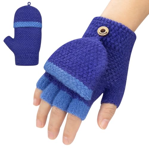 Kiiwah 1P Kid PS Flip Gloves-S-BE Fingerhandschuhe Kinder mit Kappe, Winter Handschuhe Fingerlose für Mädchen Jungen 3-10 Jahren, Warme Kinderhandschuhe Stricken (Blau) von Kiiwah