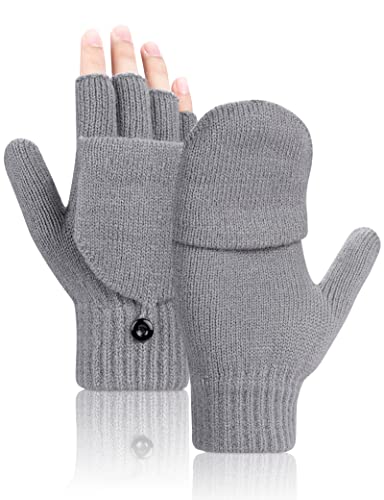Kiiwah Fingerlose Handschuhe Convertible Warm Strick Halbfinger Handschuhe mit Flip Abdeckung Geeinget für Innen und Außen Damen Herren (grau) von Kiiwah