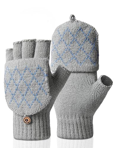 Kiiwah Fingerlose Handschuhe Fäustlinge für Herren Damen, Warme Winter Handschuhe Convertible Halbfinger Flip Top Fäustlinge Touchscreen Fotografie Handschuhe (Diamant Grau) von Kiiwah