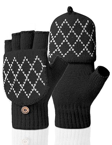 Kiiwah Fingerlose Handschuhe Fäustlinge für Herren Damen, Warme Winter Handschuhe Convertible Halbfinger Flip Top Fäustlinge Touchscreen Fotografie Handschuhe (Diamant Schwarz) von Kiiwah