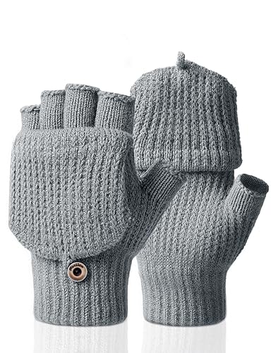 Kiiwah Fingerlose Handschuhe Fäustlinge für Herren Damen, Warme Winter Handschuhe Convertible Halbfinger Flip Top Fäustlinge Touchscreen Fotografie Handschuhe (Gedreht Grau) von Kiiwah