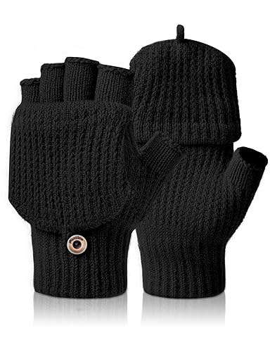 Kiiwah Fingerlose Handschuhe Fäustlinge für Herren Damen, Warme Winter Handschuhe Convertible Halbfinger Flip Top Fäustlinge Touchscreen Fotografie Handschuhe (Gedreht Schwarz) von Kiiwah