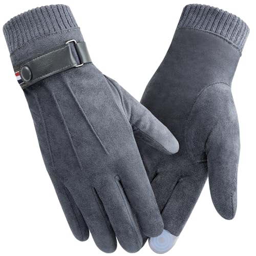 Kiiwah Handschuhe Herren Winter, Wildleder Dick Warmer Plüsch Touchscreen Handschuh mit Fleece Futter, Winddicht Thermo Anti-Rutsch Winterhandschuhe für Outdoor Indoor(Grau) von Kiiwah